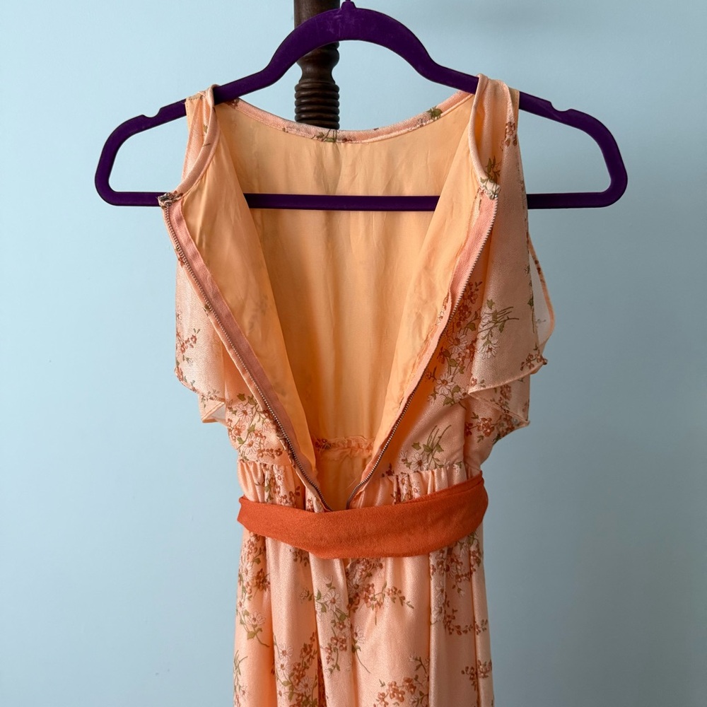 🌼Vintage 70s Peach Floral Maxi Dress w/ Belt Romantic Prairie Boho Goddess - Picture 7 of 8